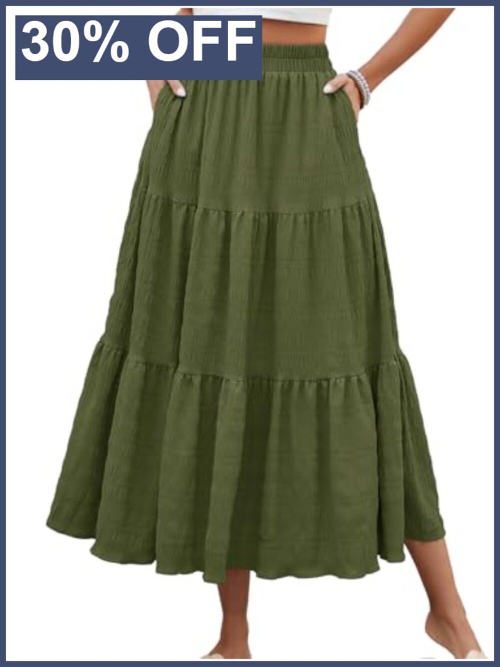 Women's Smocked Tiered Maxi Skirt High Waisted A-Line with Pockets